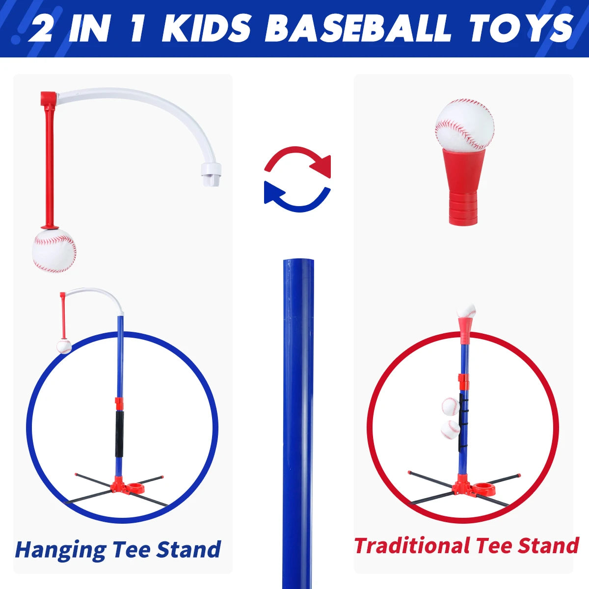3-in-1 Kids Baseball Toy Set with Hanging Ball Stand/Standing T-Ball/Auto Launcher, Adjustable Height Toddler Baseball Set
