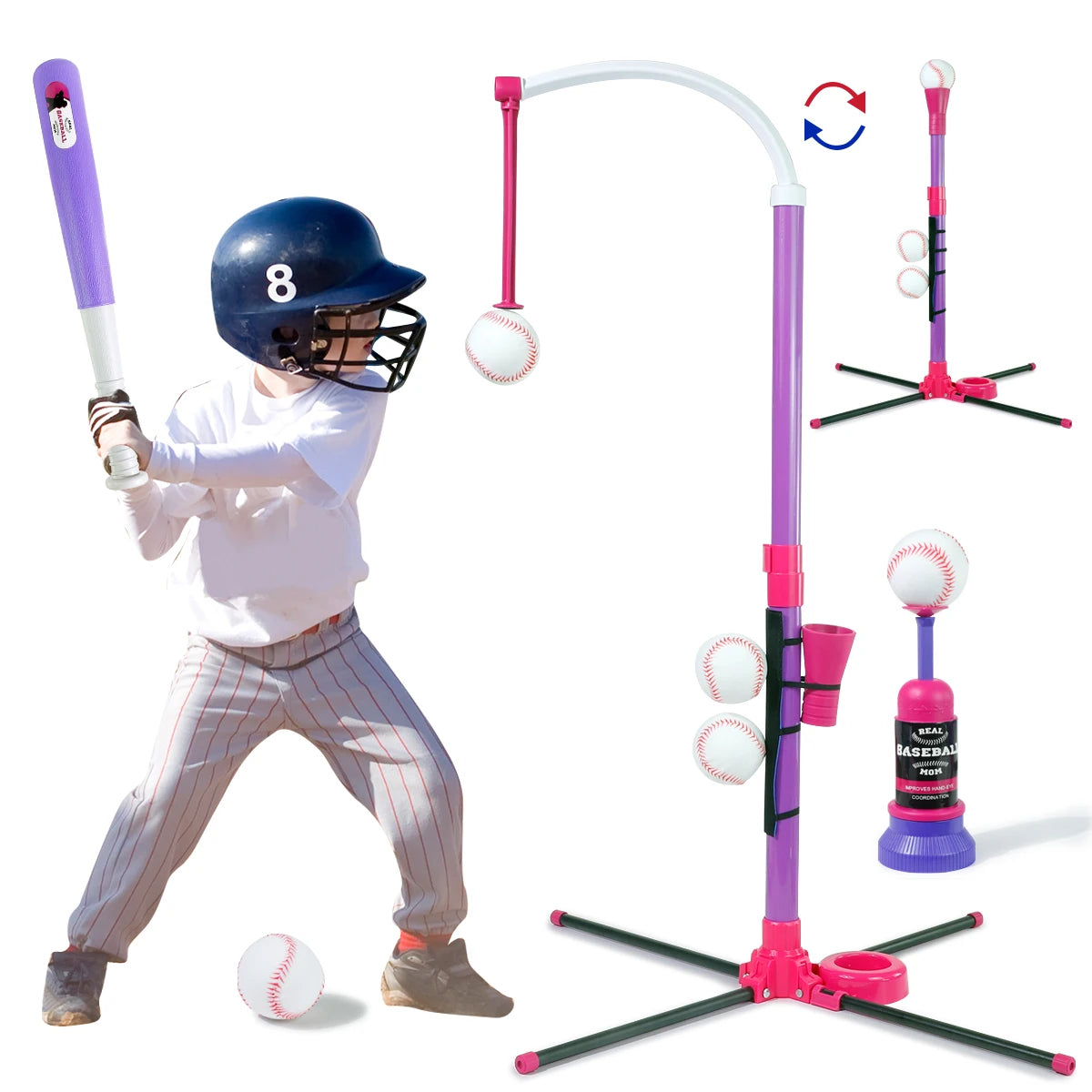 3-in-1 Kids Baseball Toy Set with Hanging Ball Stand/Standing T-Ball/Auto Launcher, Adjustable Height Toddler Baseball Set