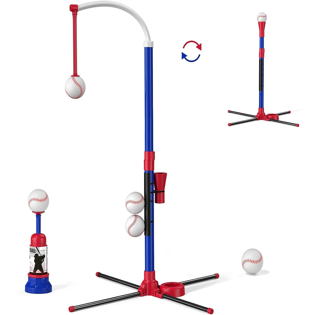 3-in-1 Kids Baseball Toy Set with Hanging Ball Stand/Standing T-Ball/Auto Launcher, Adjustable Height Toddler Baseball Set
