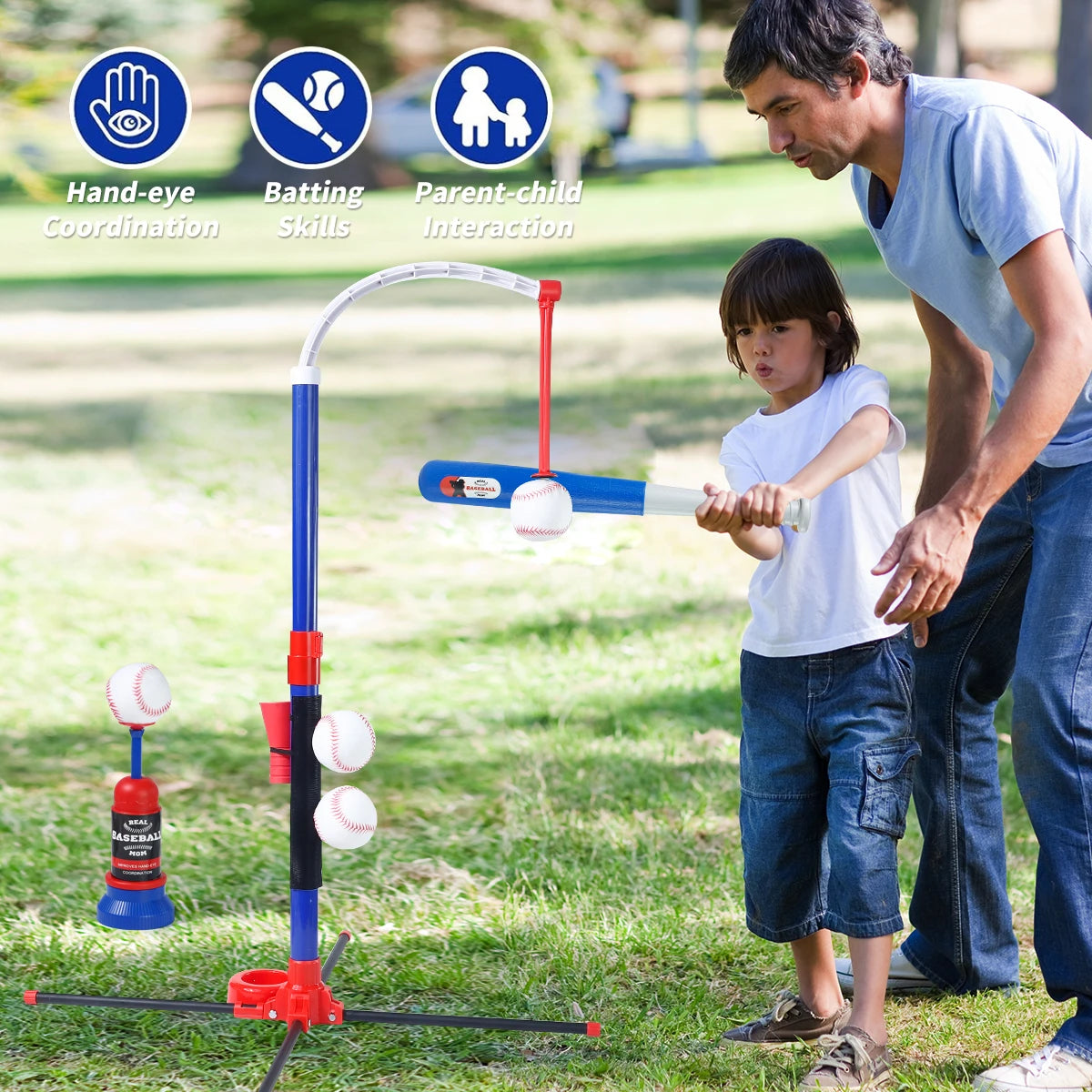 3-in-1 Kids Baseball Toy Set with Hanging Ball Stand/Standing T-Ball/Auto Launcher, Adjustable Height Toddler Baseball Set