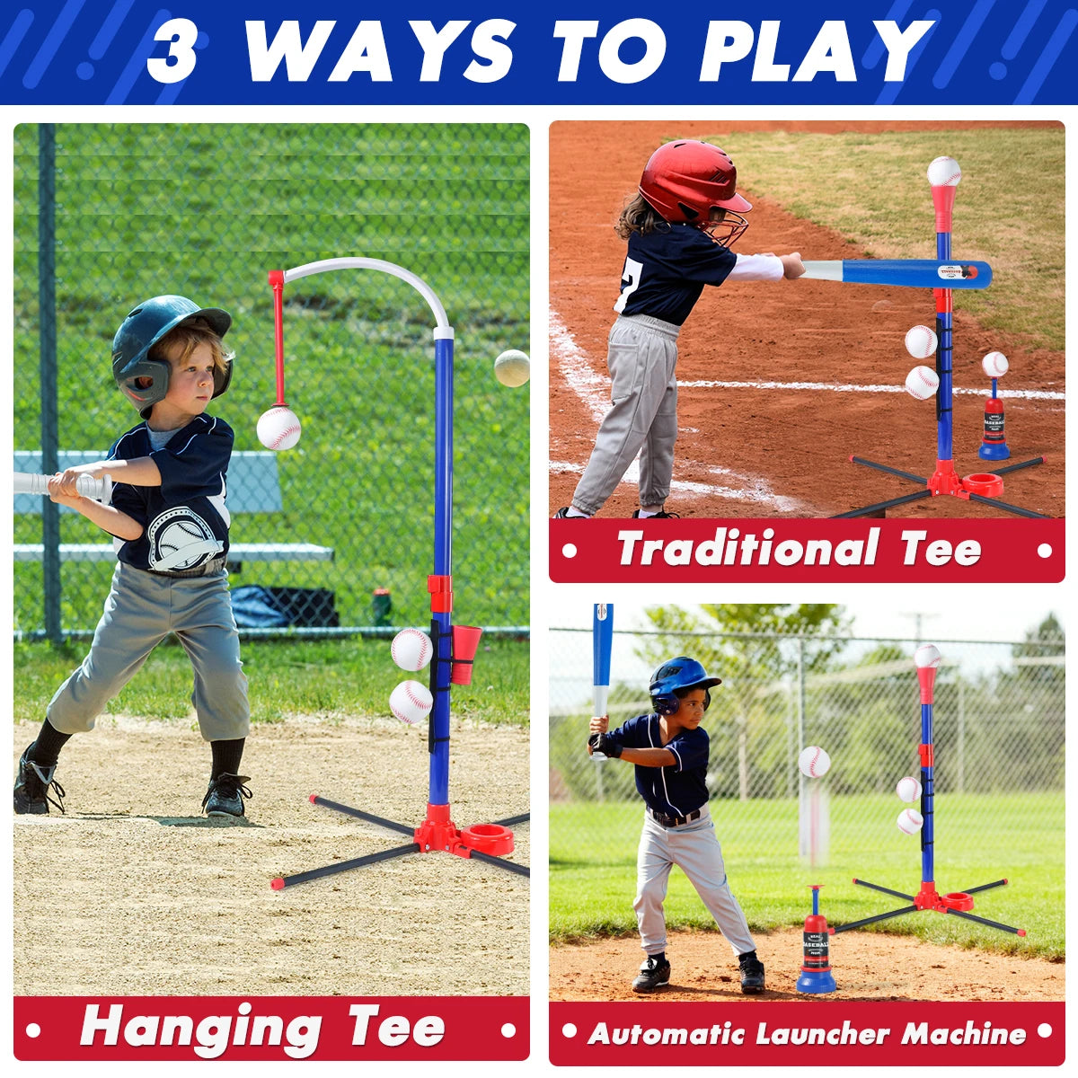3-in-1 Kids Baseball Toy Set with Hanging Ball Stand/Standing T-Ball/Auto Launcher, Adjustable Height Toddler Baseball Set