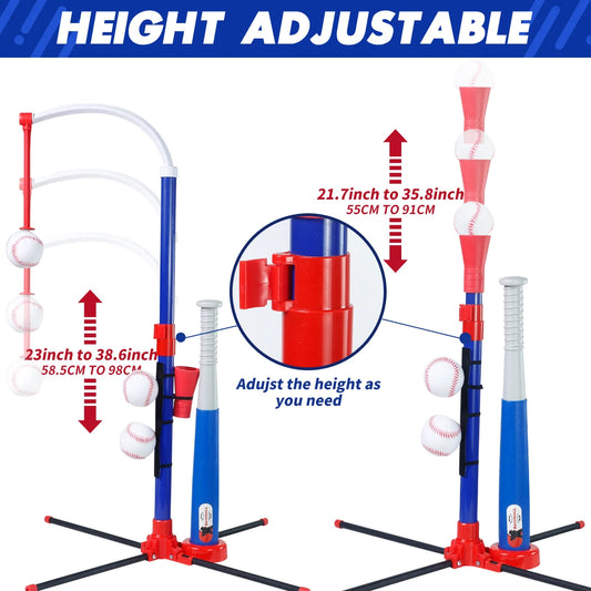 3-in-1 Kids Baseball Toy Set with Hanging Ball Stand/Standing T-Ball/Auto Launcher, Adjustable Height Toddler Baseball Set