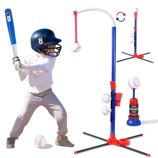 3-in-1 Kids Baseball Toy Set with Hanging Ball Stand/Standing T-Ball/Auto Launcher, Adjustable Height Toddler Baseball Set